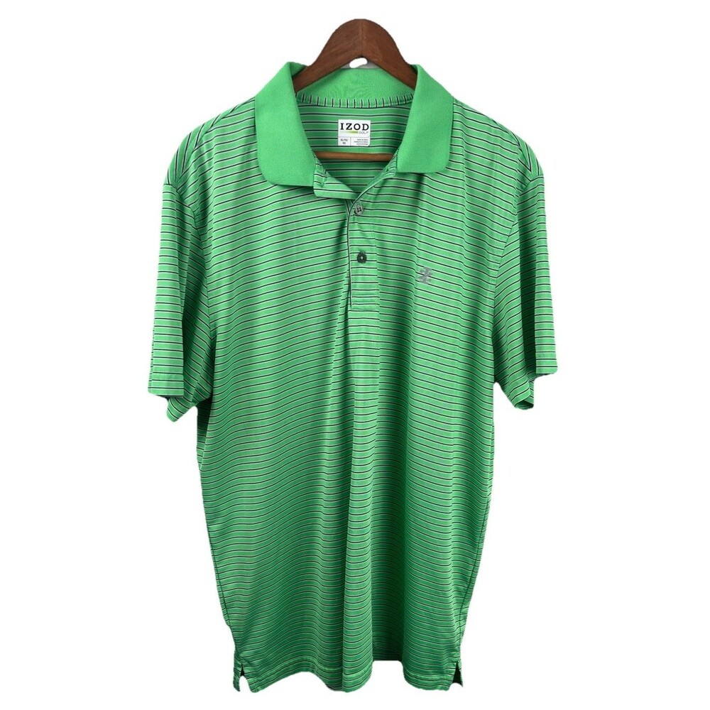 IZOD Golf Polo Shirt Mens Large Green Black Striped Stretch Short Sleeve